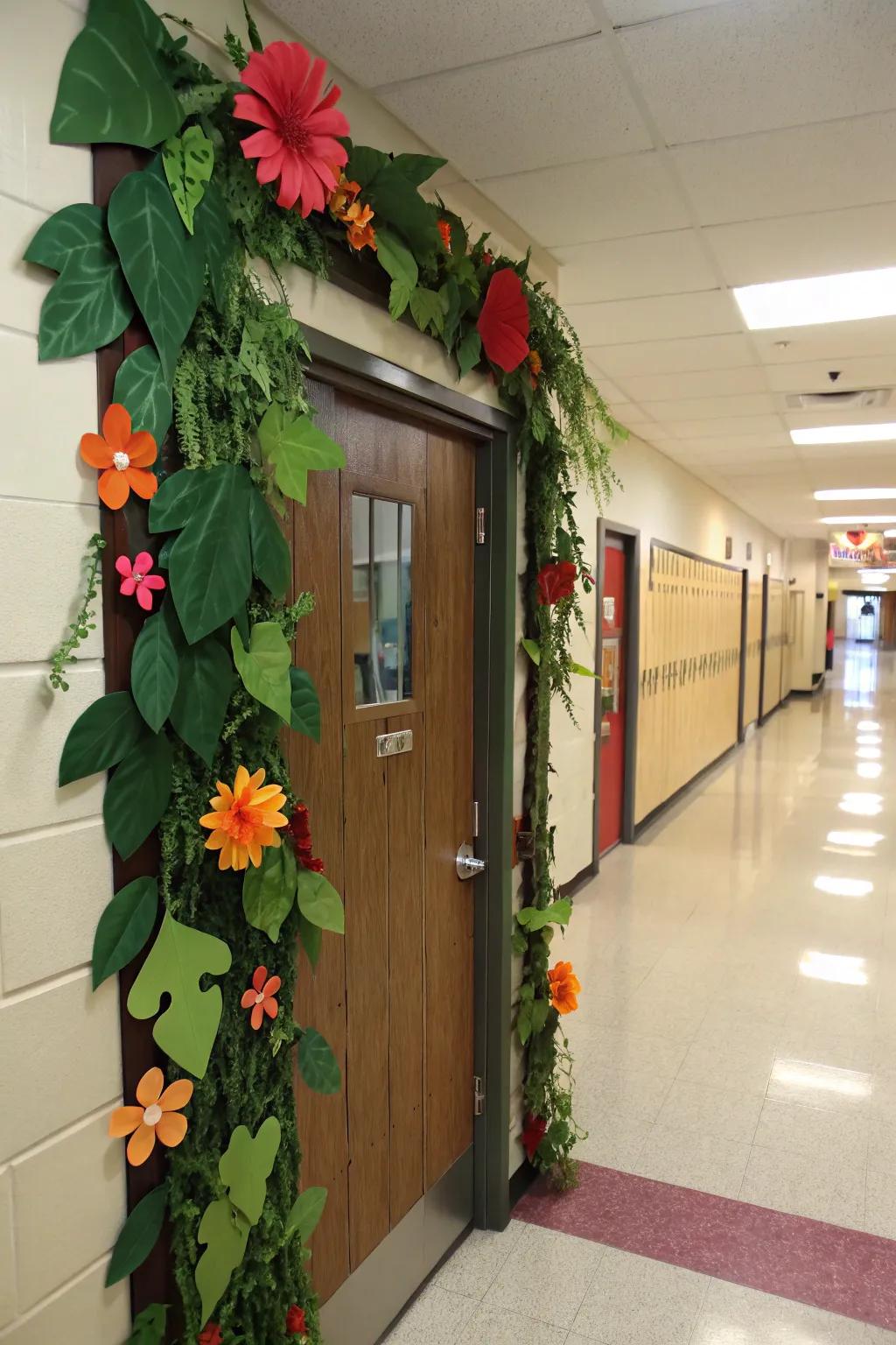A nature-inspired school nurse’s door with branches and flowers.