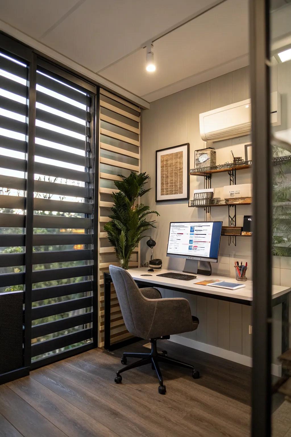 Adjustable louvers in partitions offer both seclusion and style.
