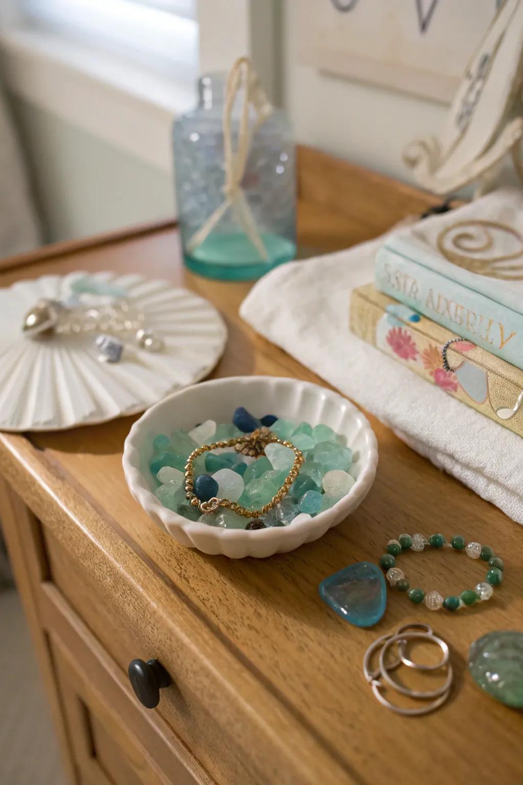 Sea glass jewelry dishes blend practicality with flair.