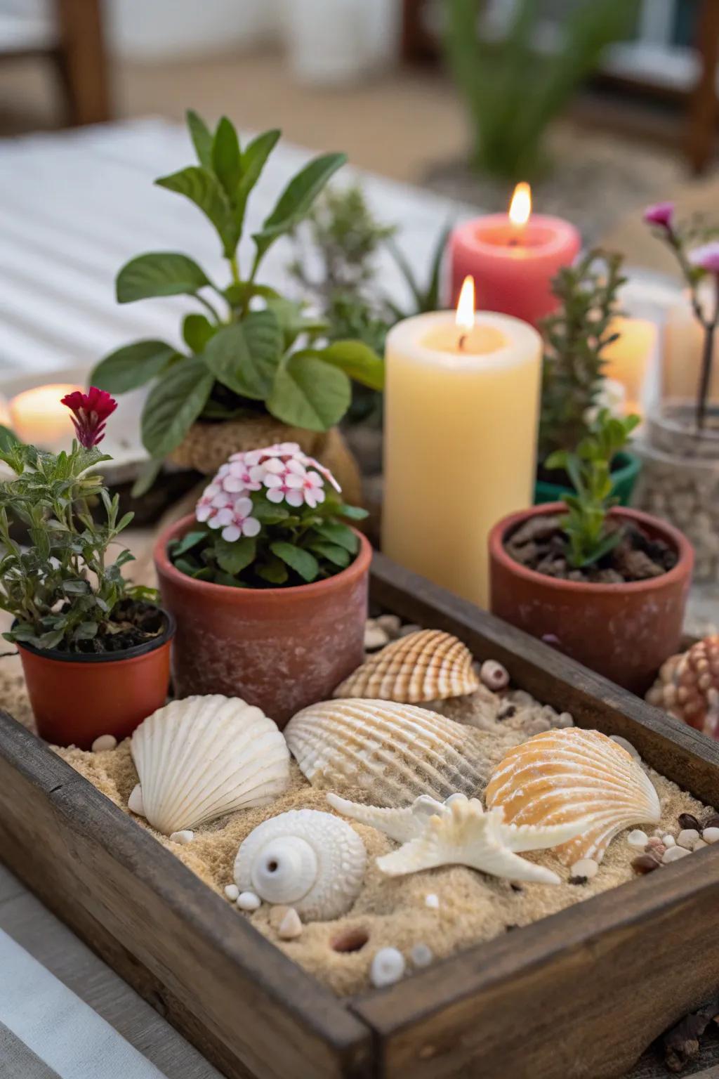 A medley of seashells and other decor elements generates a visually abundant exhibit.