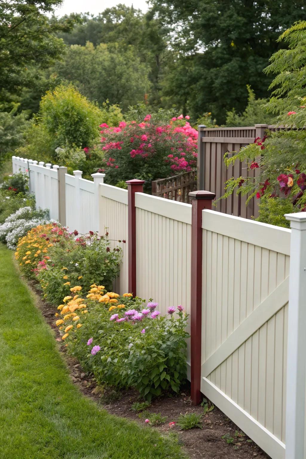 Two-tone fencing creates visual appeal and dimension in this vibrant garden scene.