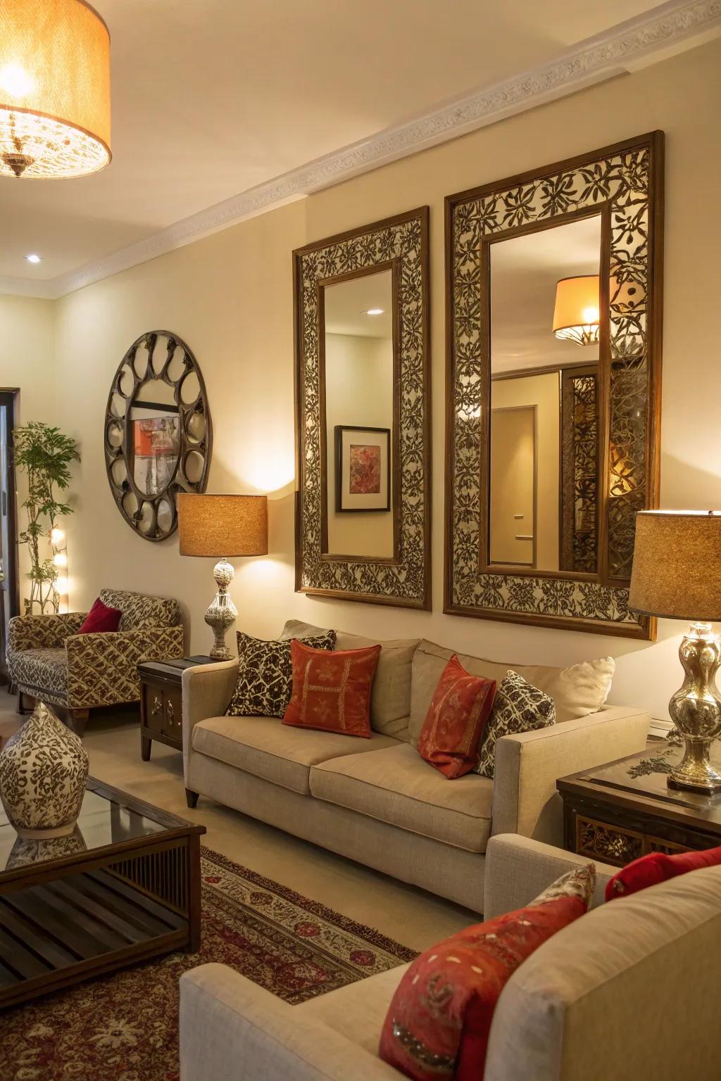 Mirrors enhance the room's illumination and give a sophisticated touch.