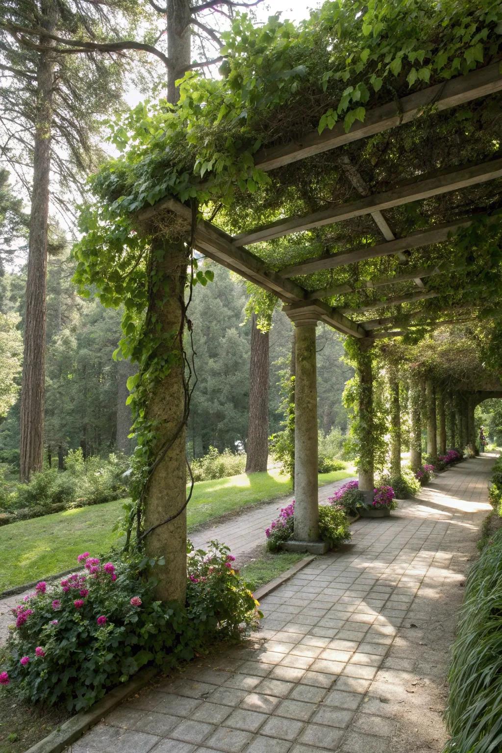 A pergola adorned with climbing plants in a shaded setting.