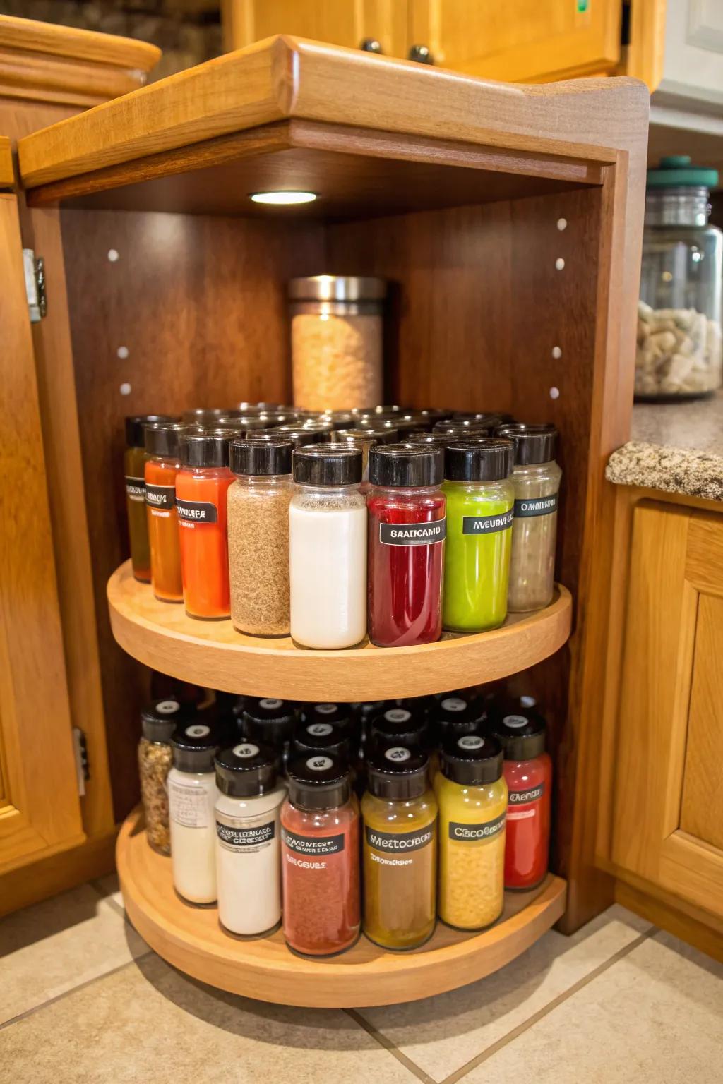 A Lazy Susan provides easy access to protein mixers in corner cabinets.