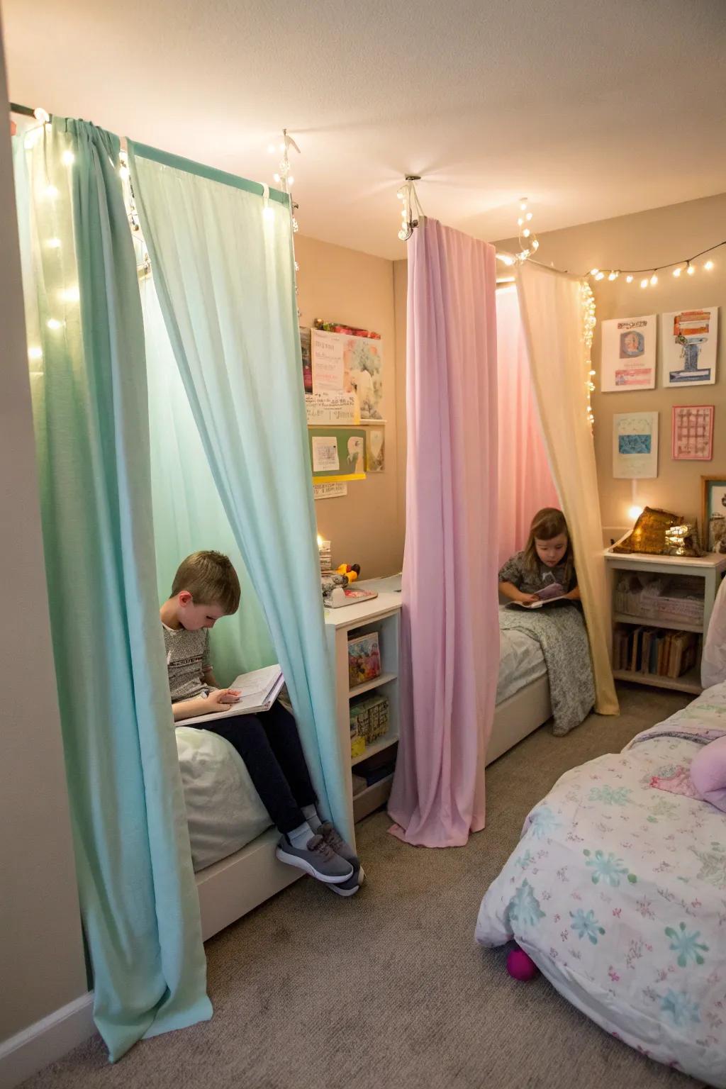 Curtains offer a flexible way to create personal space within a shared room.
