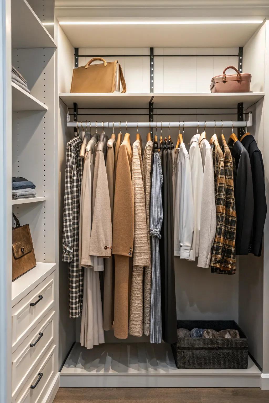 A closet presenting distinct hanging zones designed for assorted clothing variants.