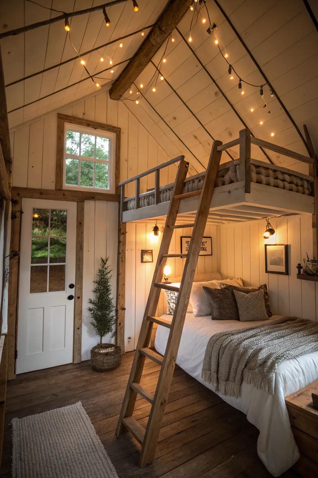 A loft bedroom uses vertical space well in a shed house.