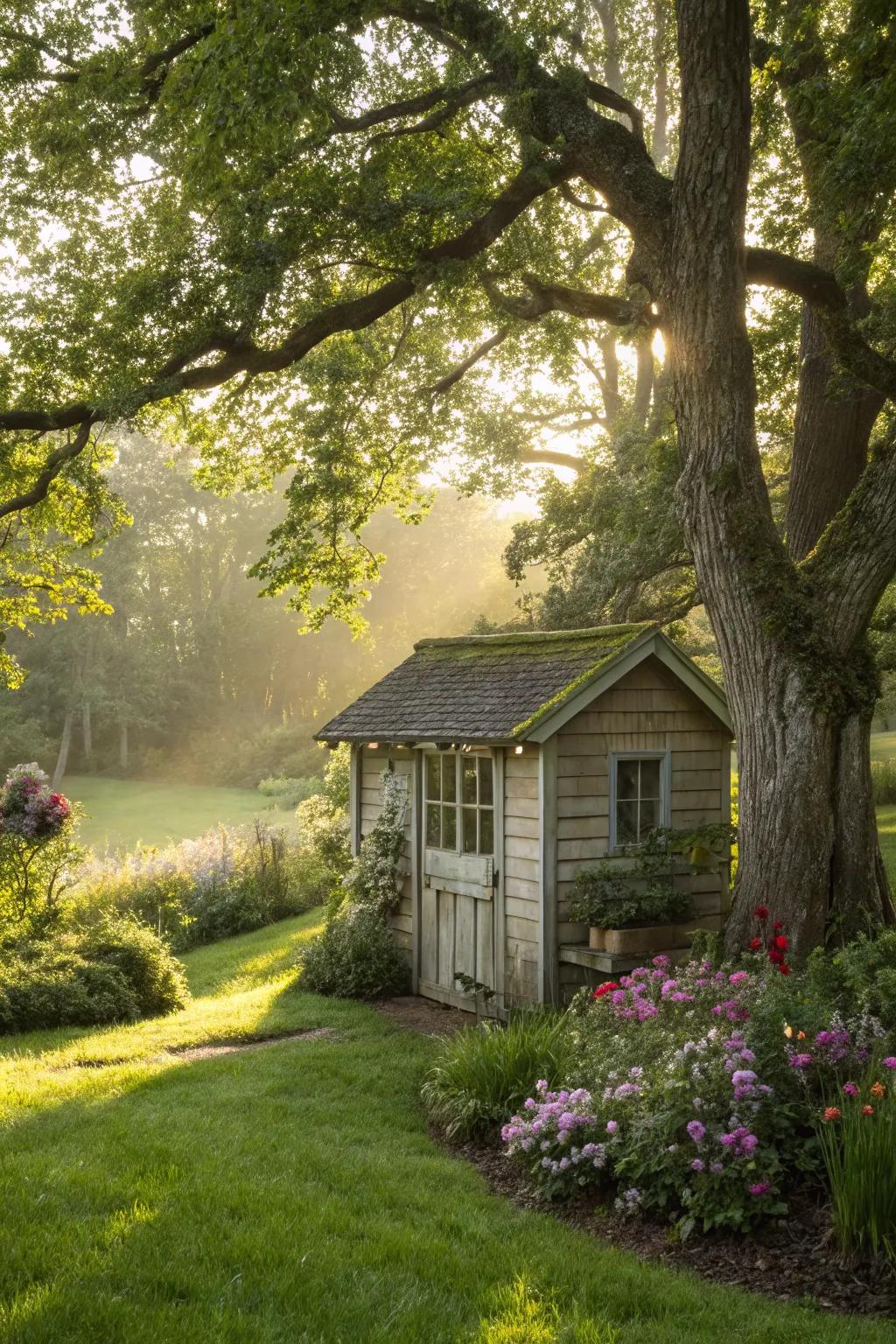 An outbuilding benefits from natural shade under towering foliage.