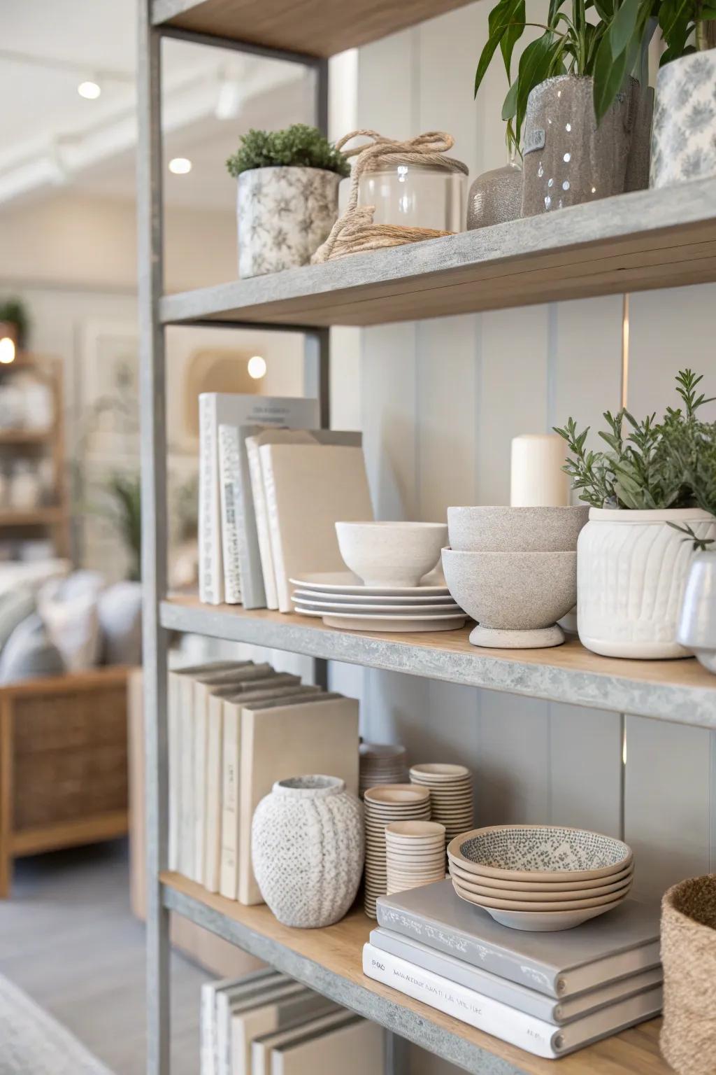 Subdued shades fashion a cohesive and timeless shelf décor.