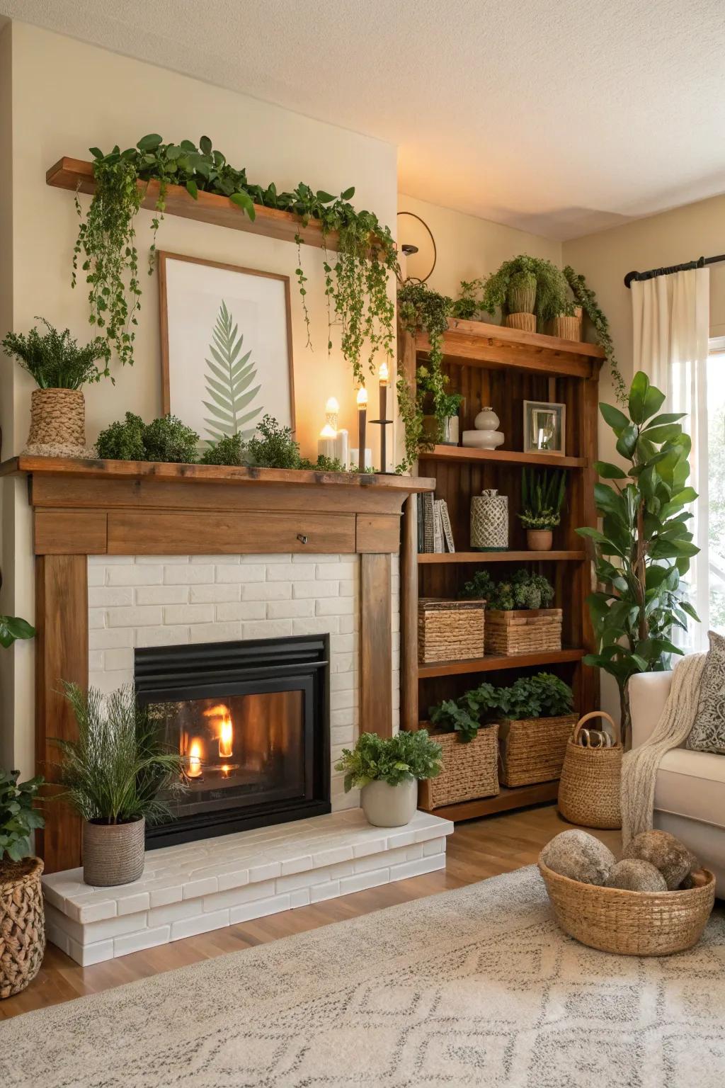 Plants and organic decor bring a revitalizing aspect to the shelves.