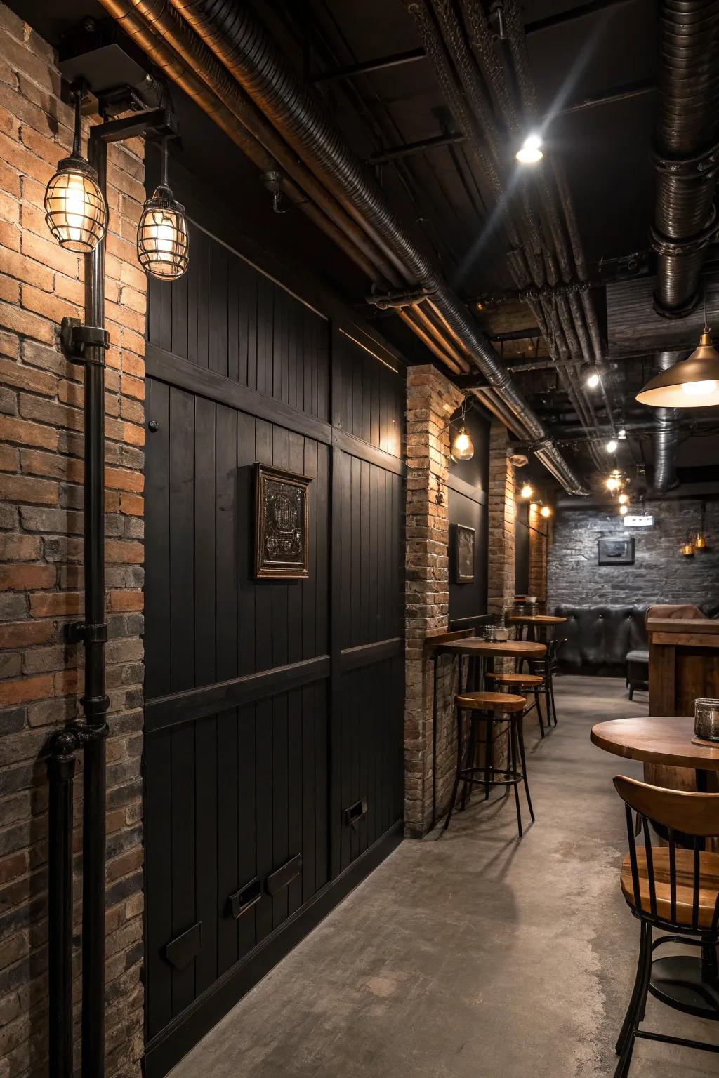 An industrial elegant basement with dark shiplap walls.
