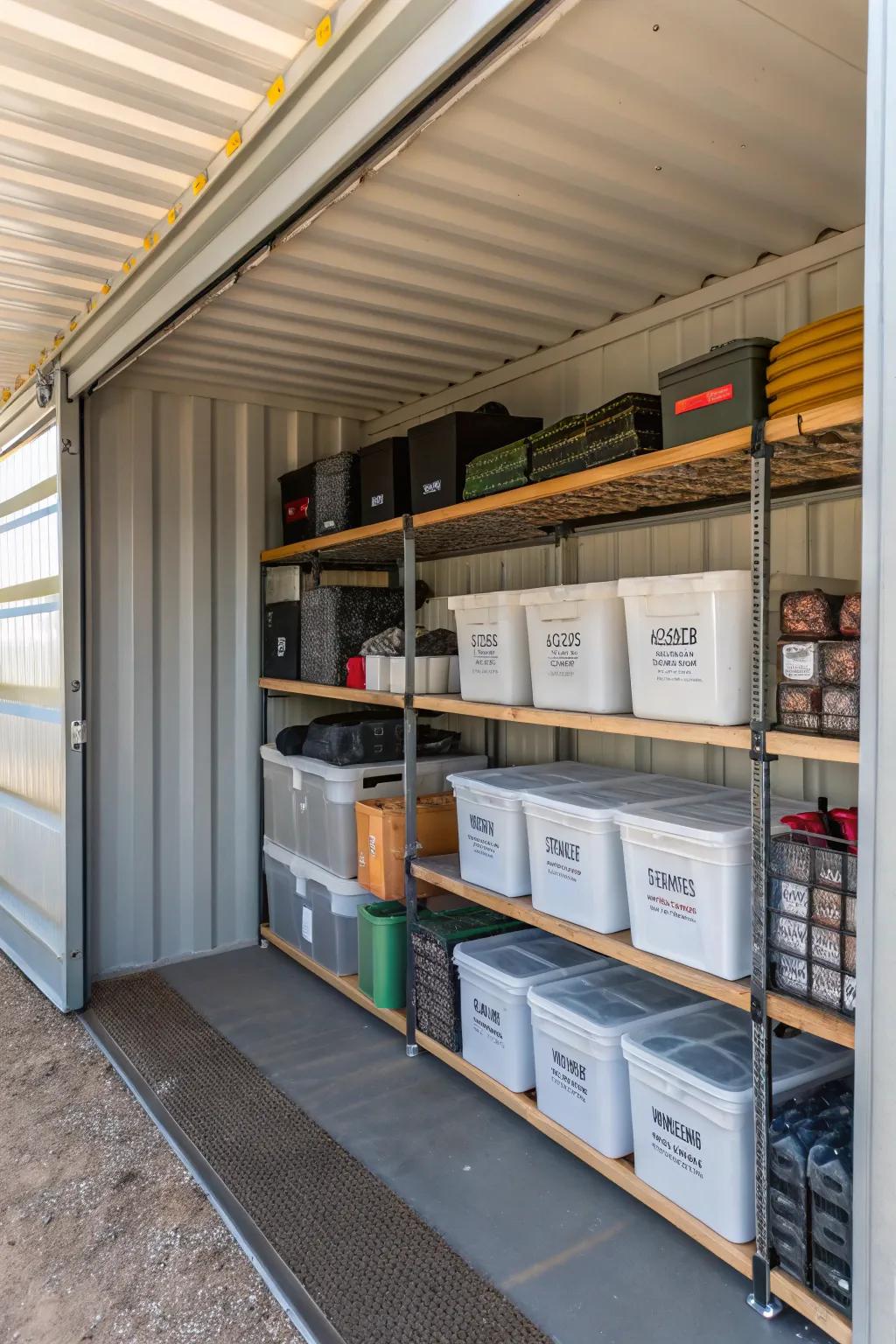 Smart storage ideas inside a metal box barn.