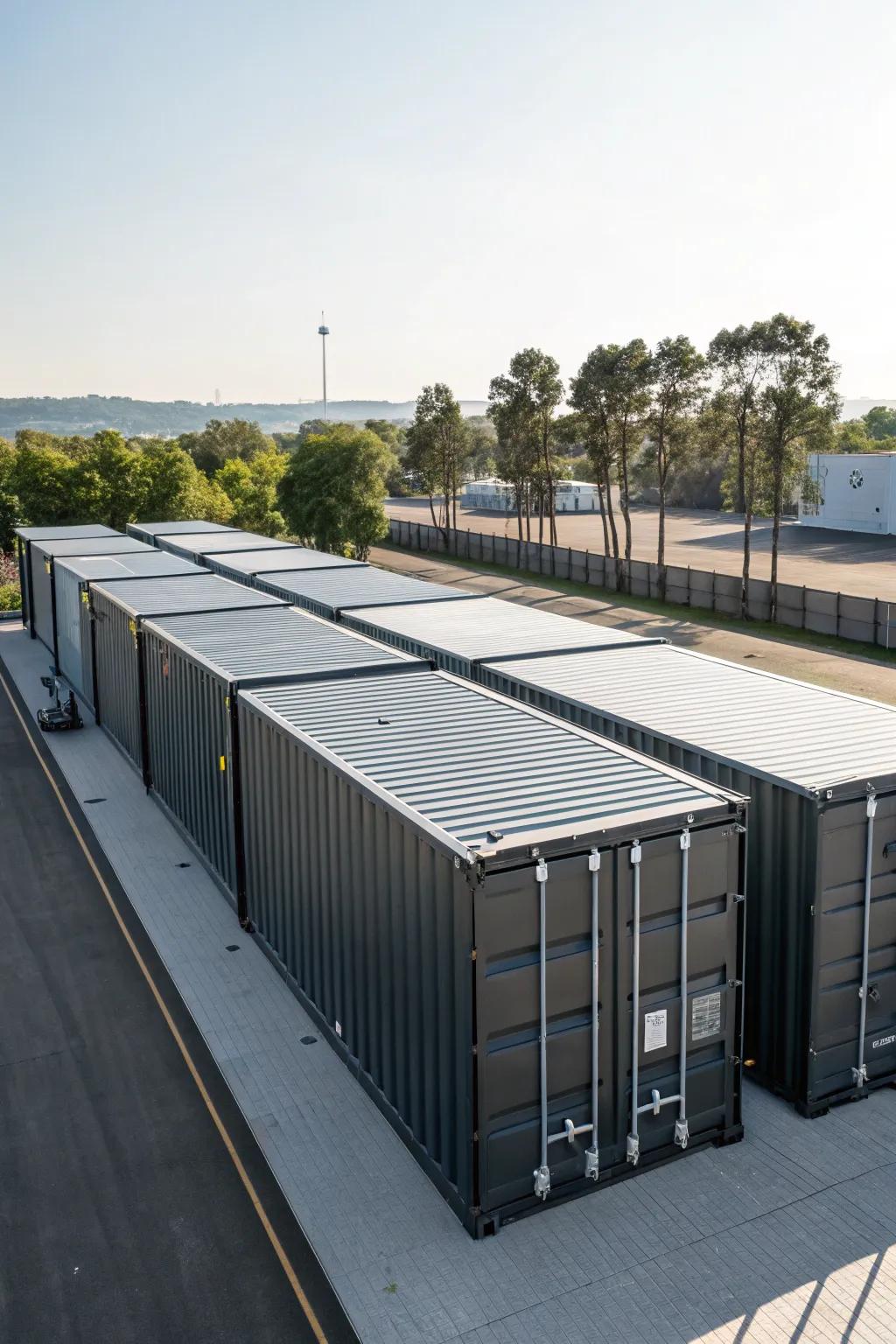 A unified roof design seamlessly connects multiple containers.