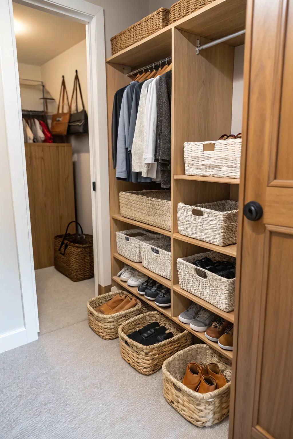 Baskets inside the closet deliver a tidy and highly organized shoe storage alternative.