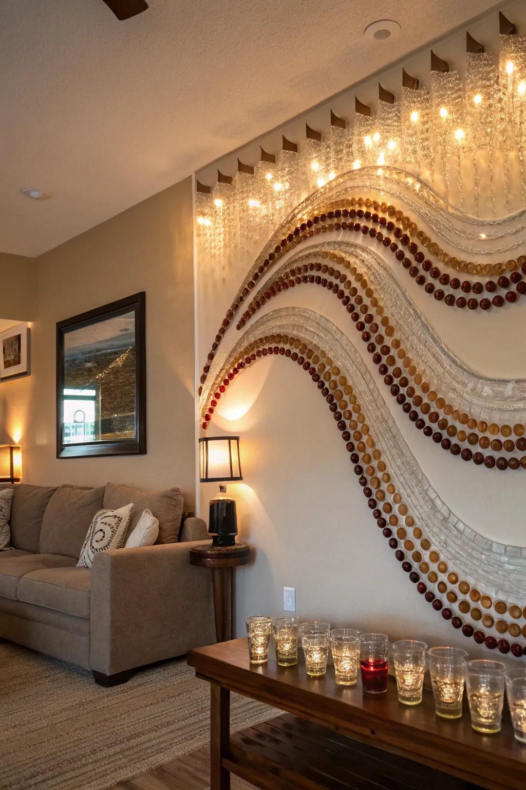 An artistic wave-like arrangement of collectible glasses graces a wall within a living space.