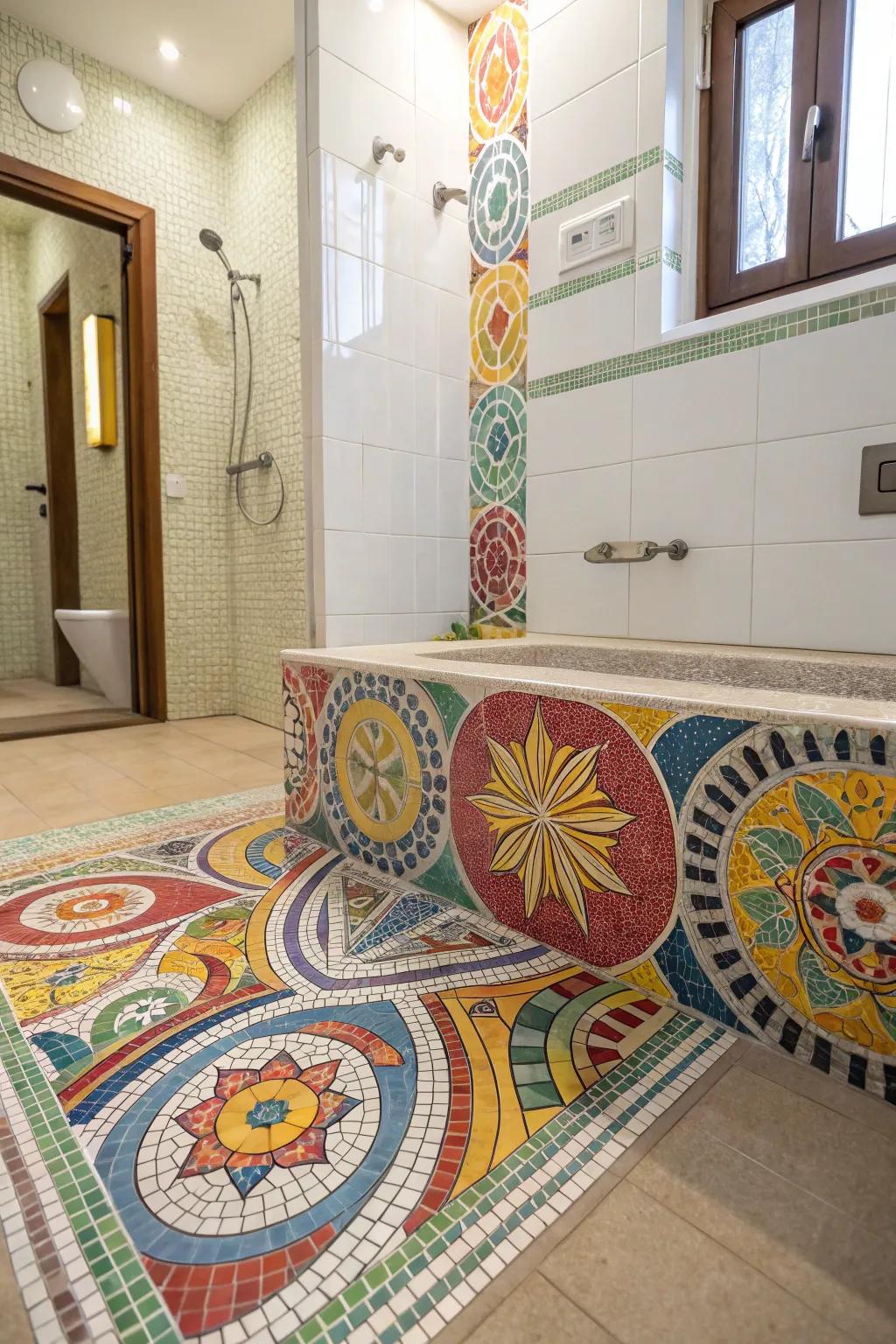 Mosaic patterns bring a unique and artistic touch to shower curbs.