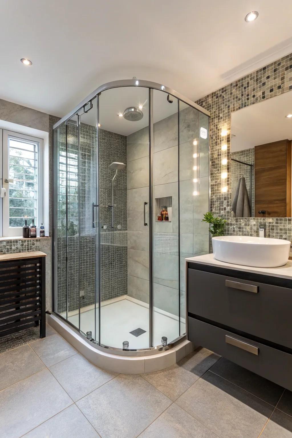 A curved glass enclosure brings elegance and flow to this bathroom.