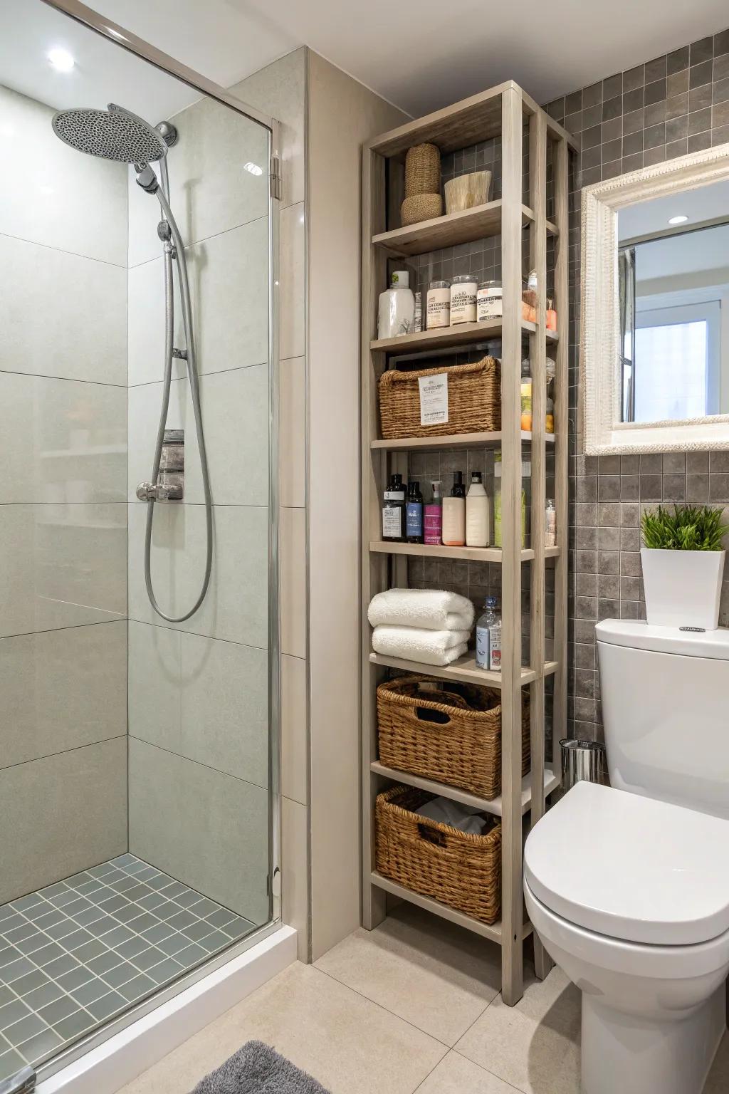 Built-in shelving combines functionality with a minimalist aesthetic.