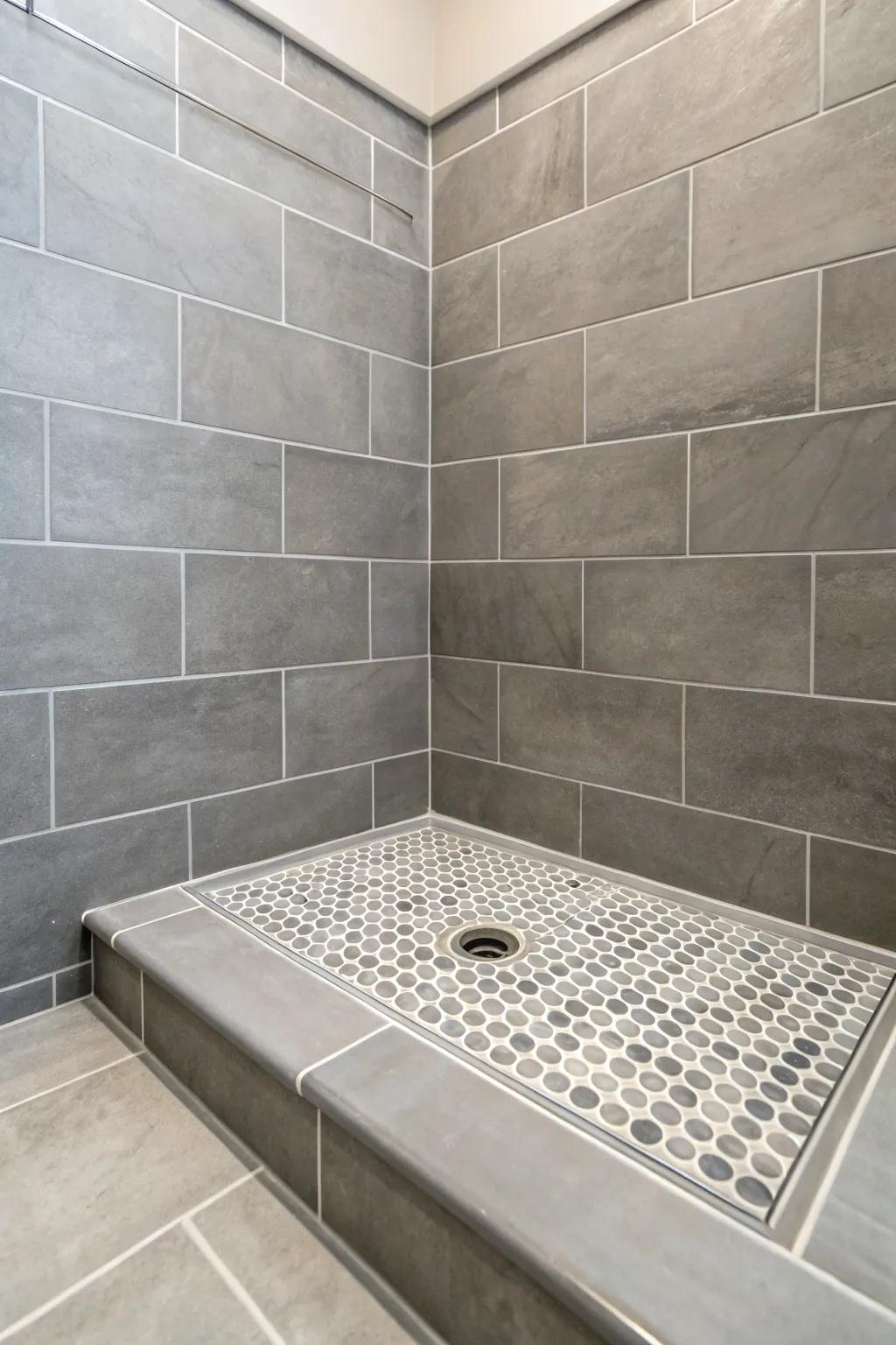 Large pale tiles on a shower base deliver a simple and modern appearance.
