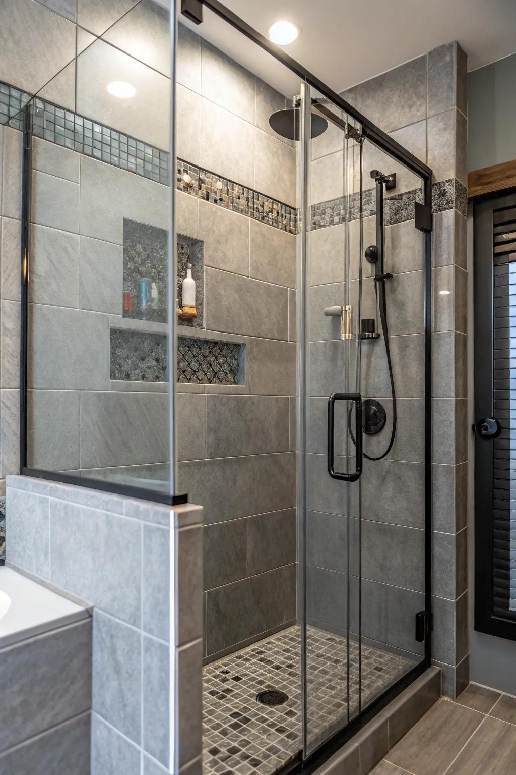 A combination of textures crafting a lively grey-tiled shower.