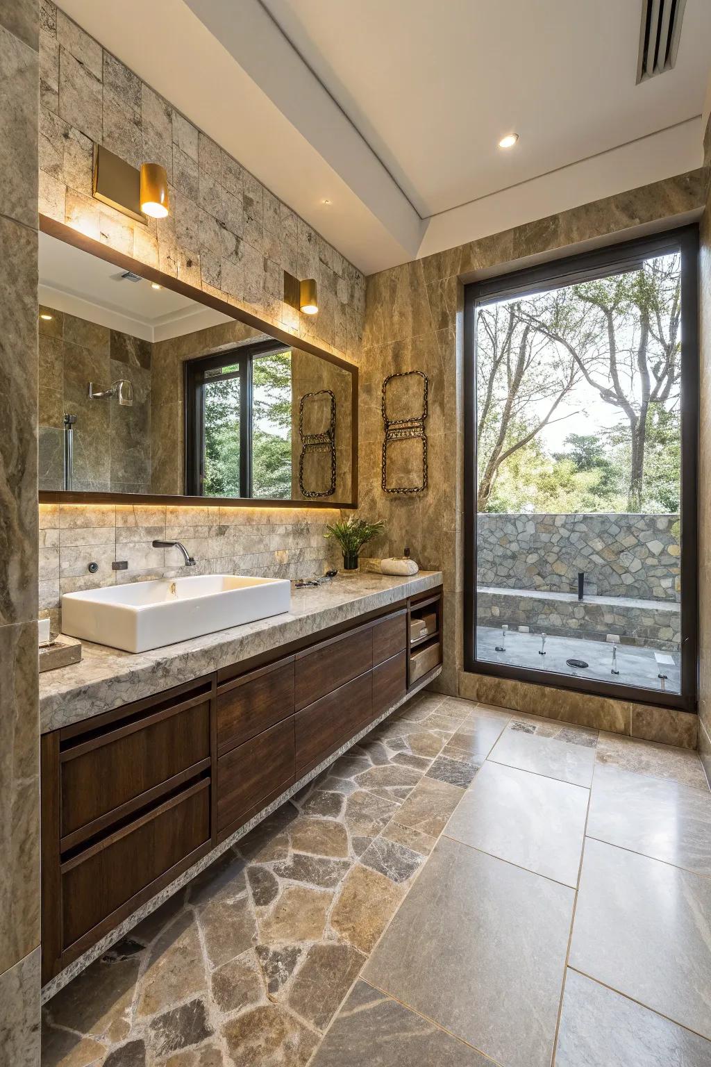 A bathroom that explores contrasting textures for an exclusive aesthetic.