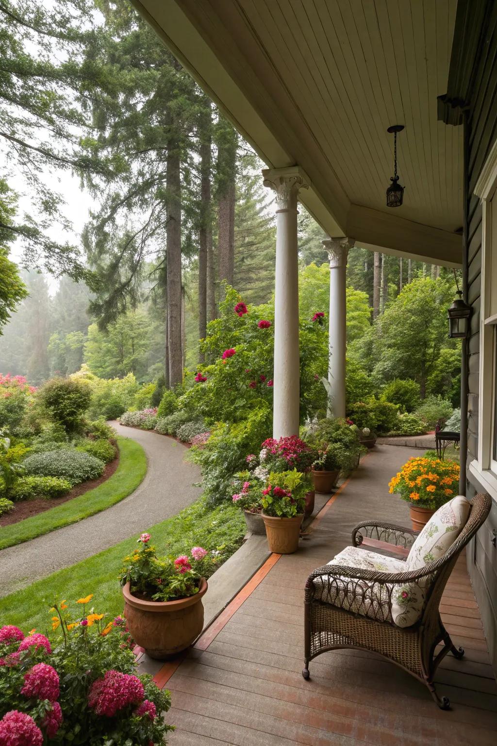 A side porch with breathtaking views of the surrounding nature.