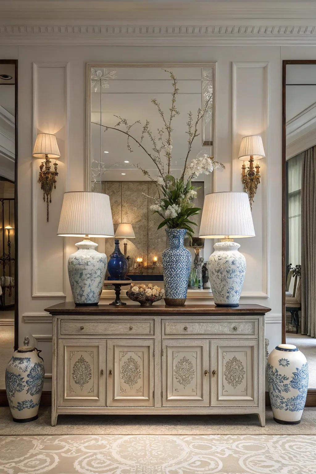 Symmetrical setups on a credenza introduce harmony and balance to the décor.