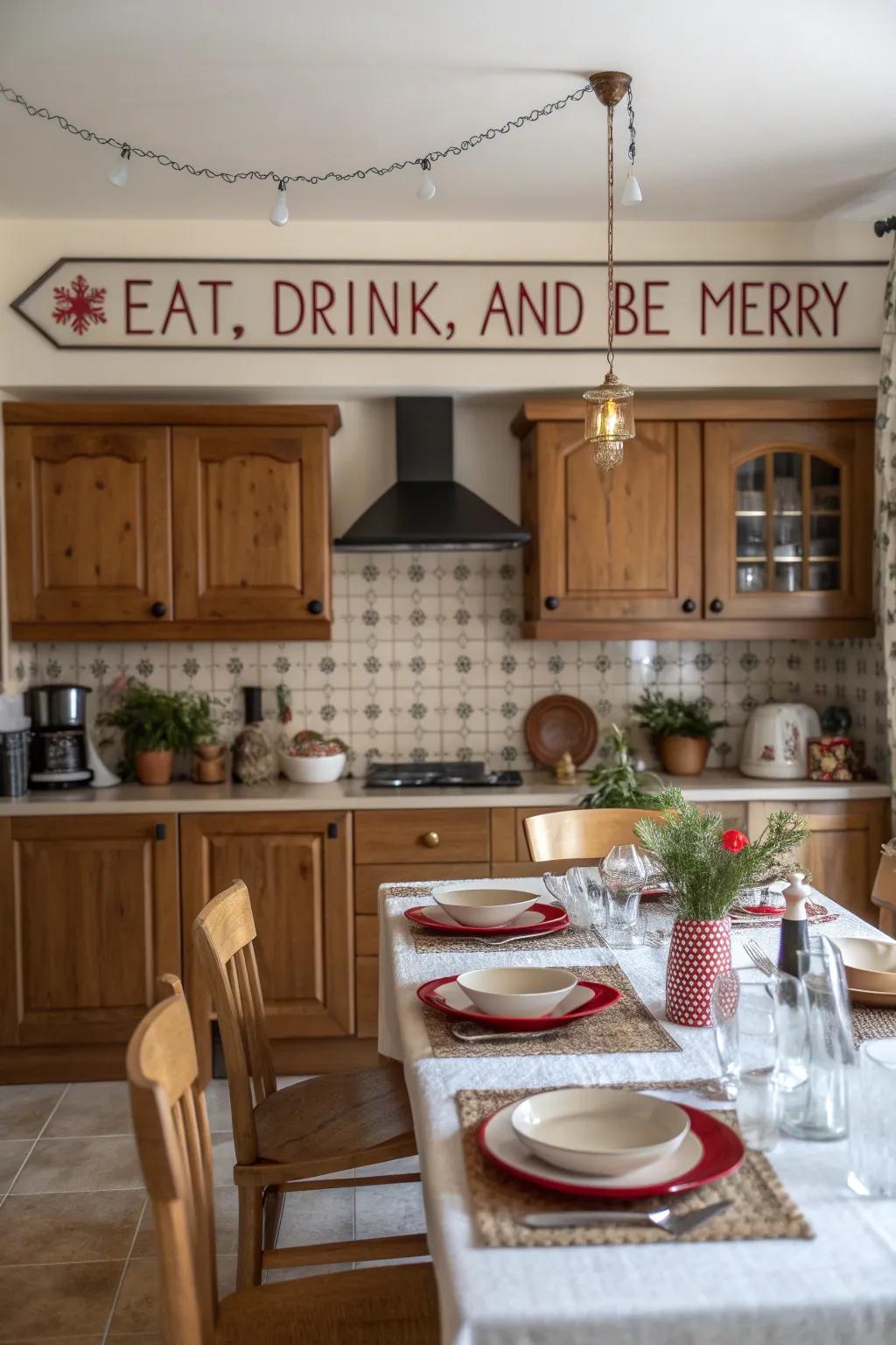 A kitchen featuring a joyful cooking space display saying 'Eat, Drink, and Have Fun'.