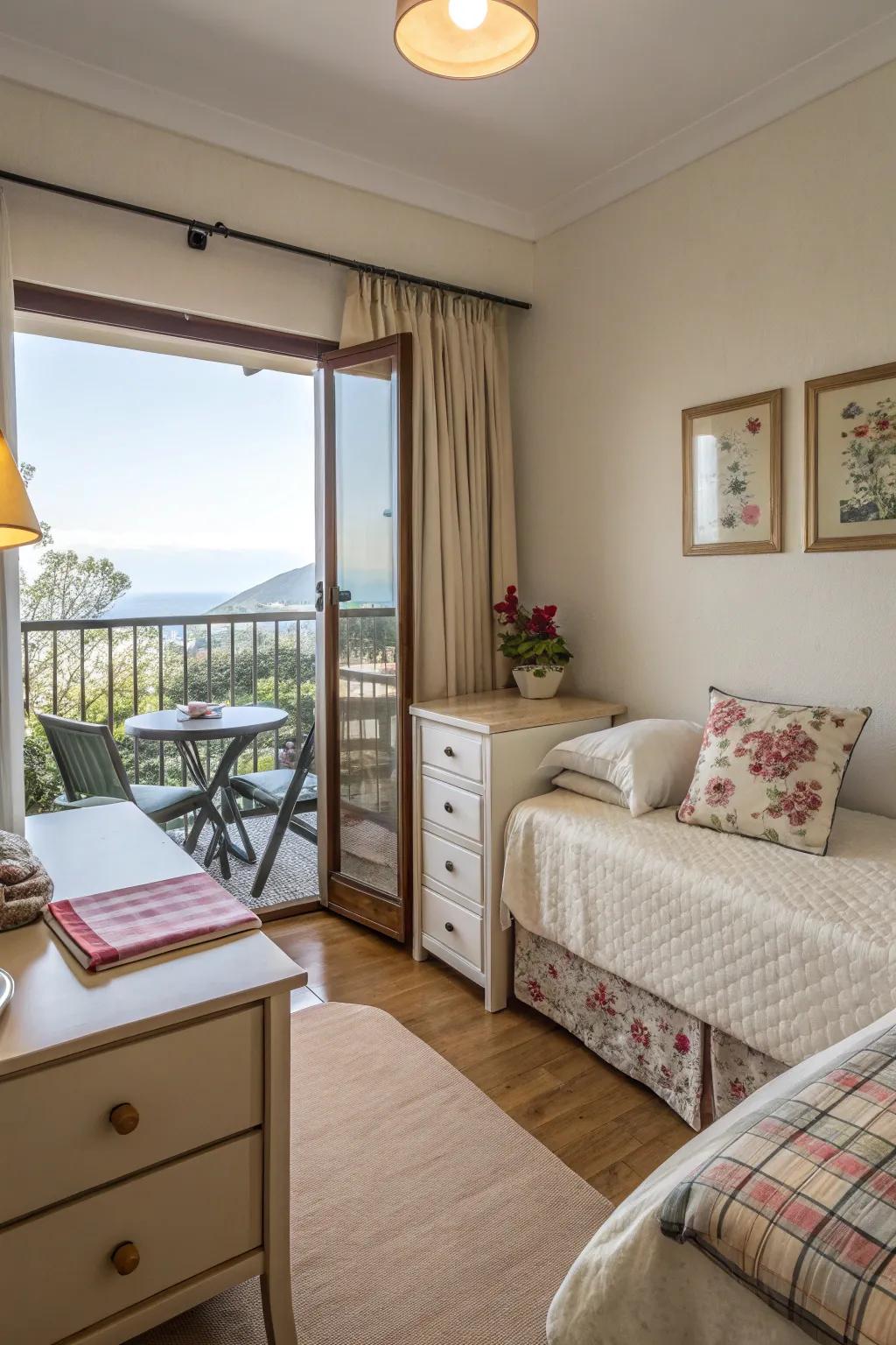 Useful and stylish smaller furniture in a bedroom that has a balcony.
