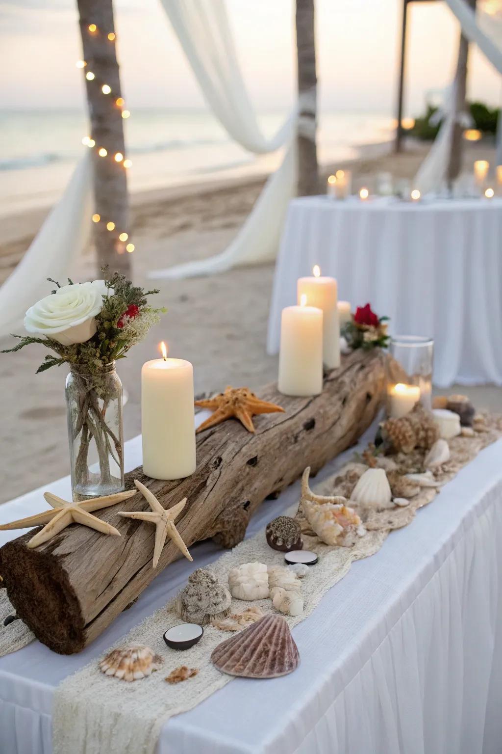 A bride and groom table with coastal accents like driftwood and seashells.
