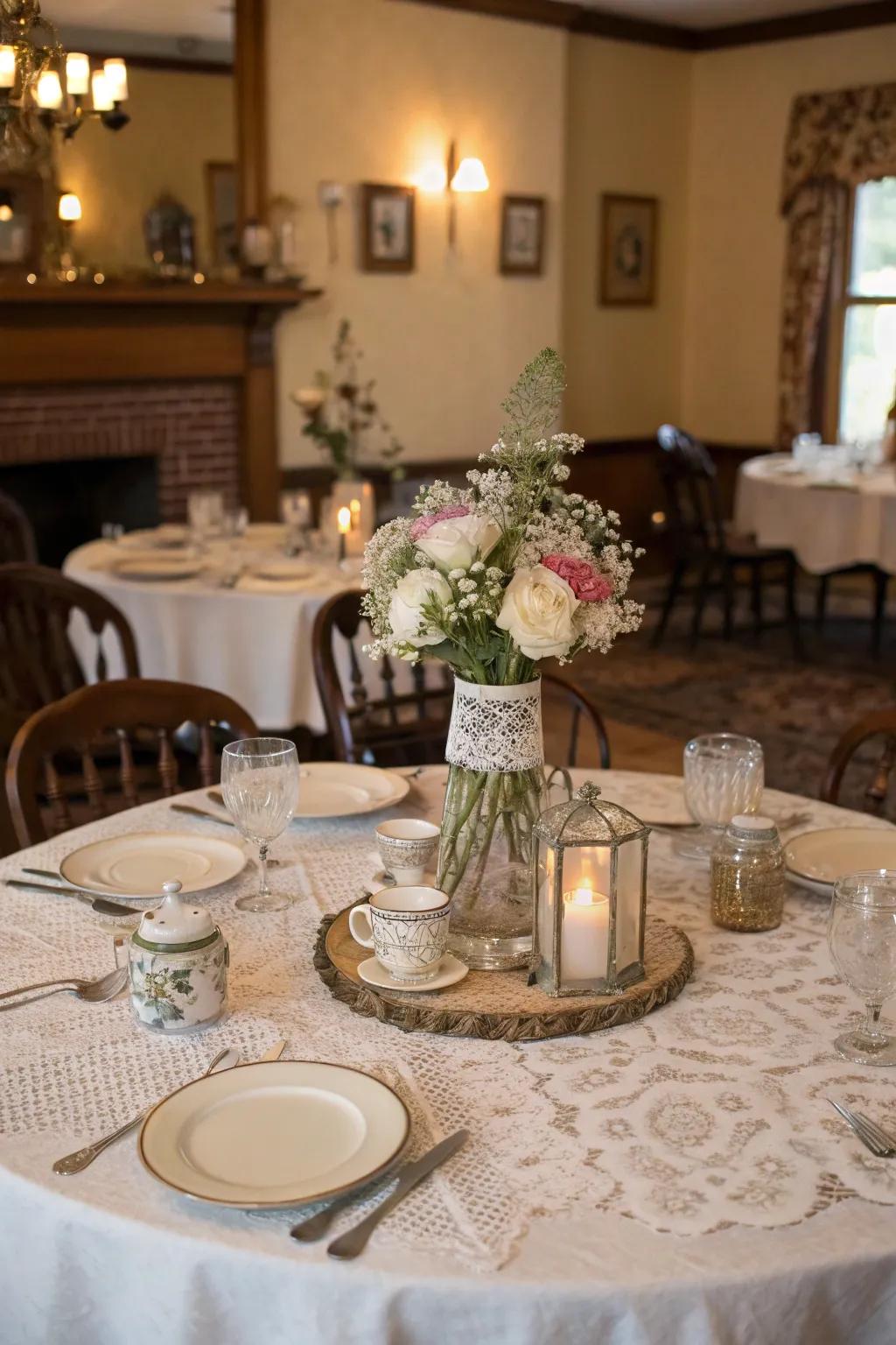 Timeless pieces bring an appealing sense of history to this centerpiece.