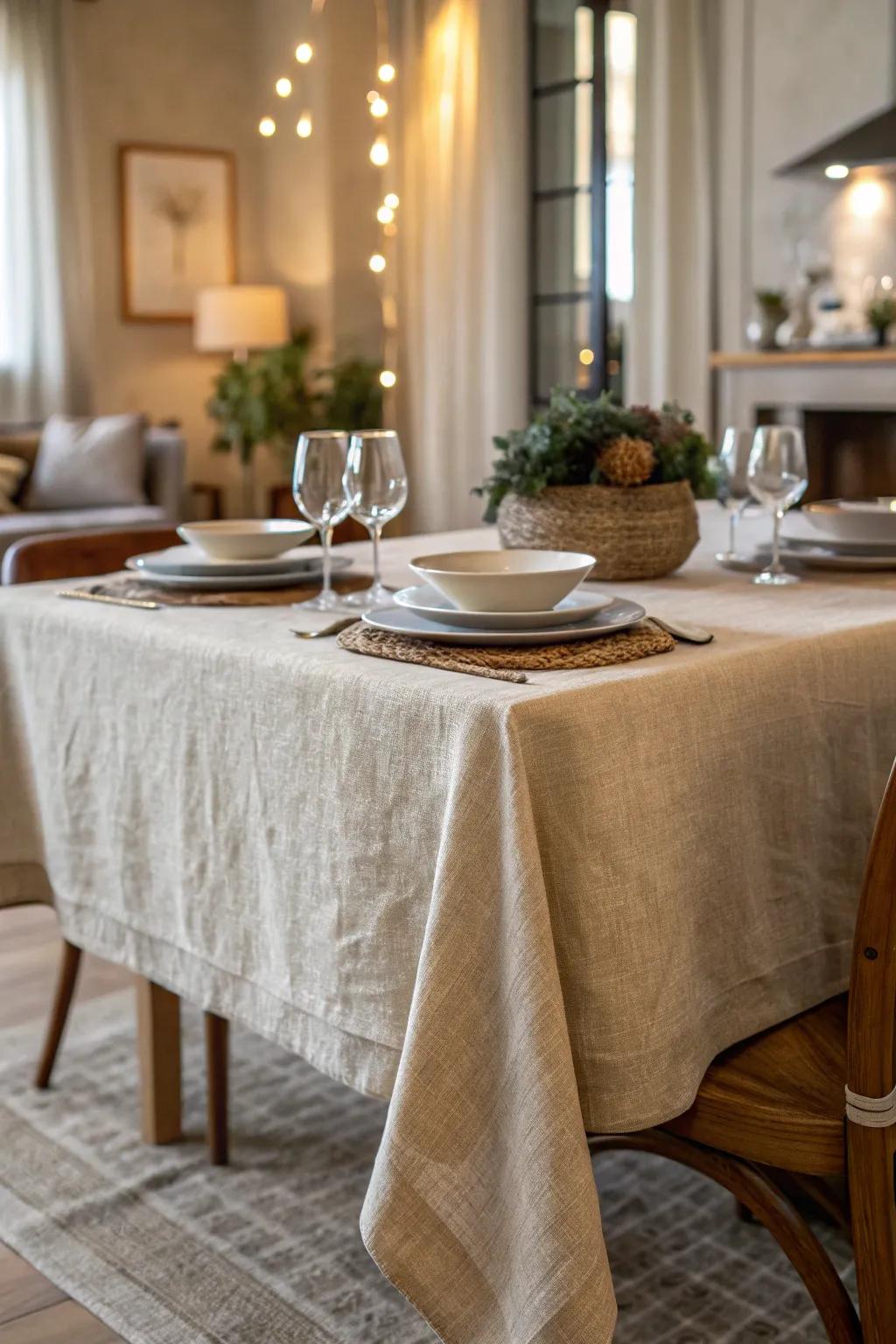 A neutral linen sheet adds tactile depth and warmth.