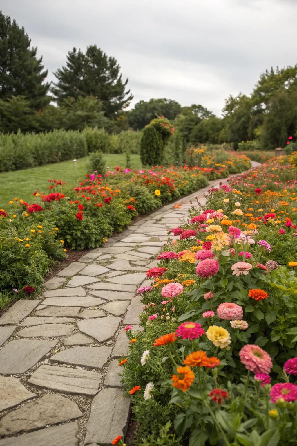 A stone walkway enhances both functionality and allure to this flower bed.
