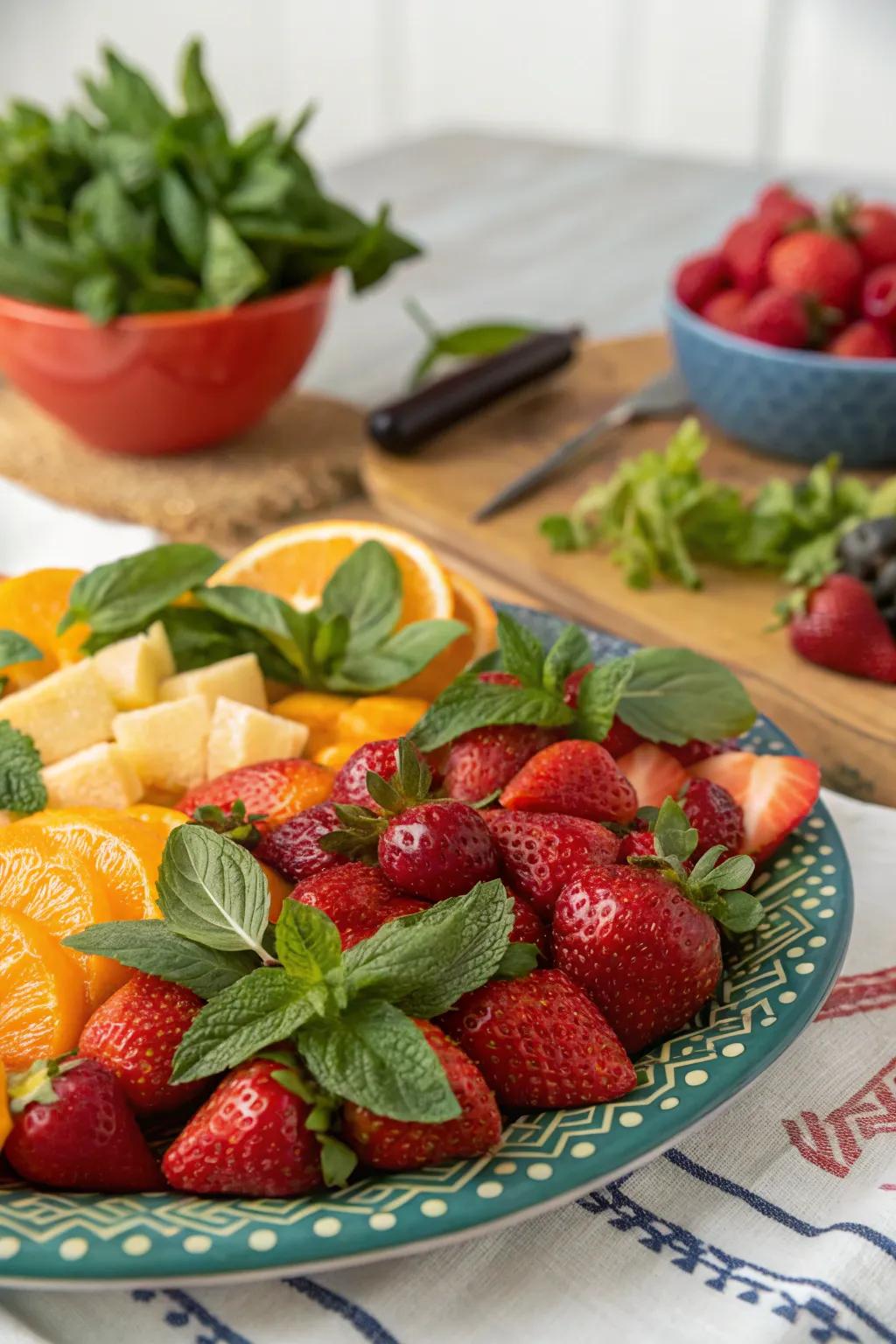Verdant embellishments introduce a refreshing touch to your fruit table.