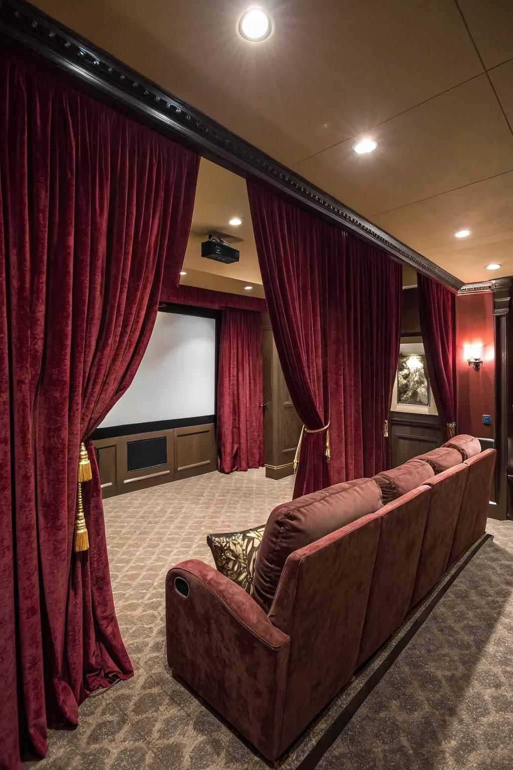 Velvet curtains improving the movie experience by blocking light.