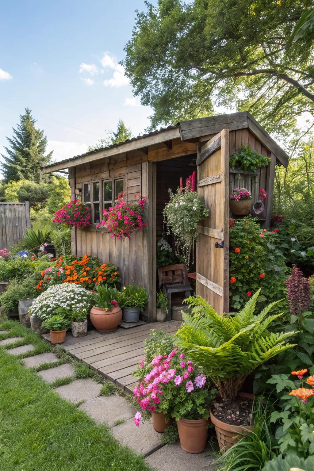 Potted greenery imparts versatility and seasonal appeal to your shed.
