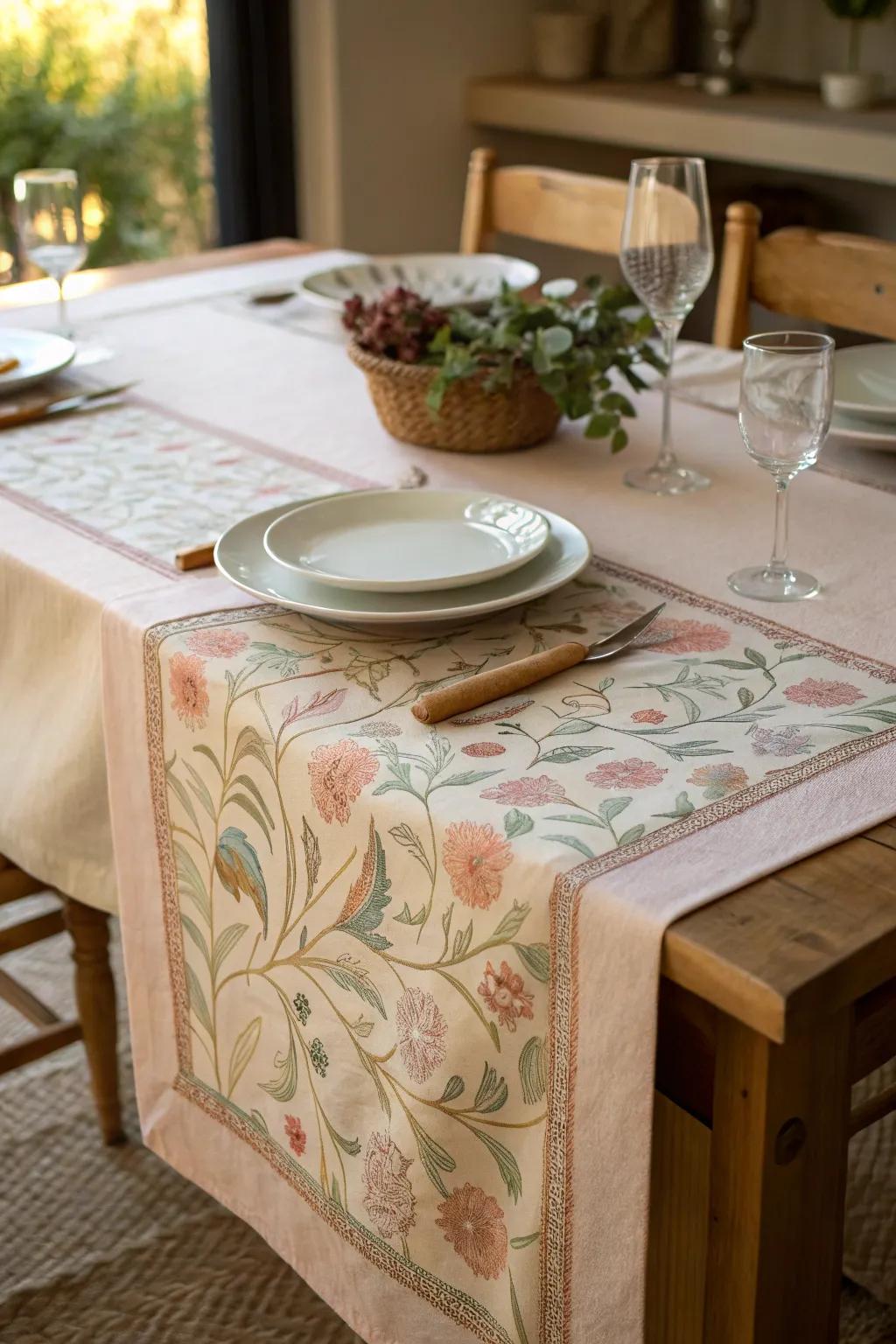 A woven table overlay adds visual interest to the table.