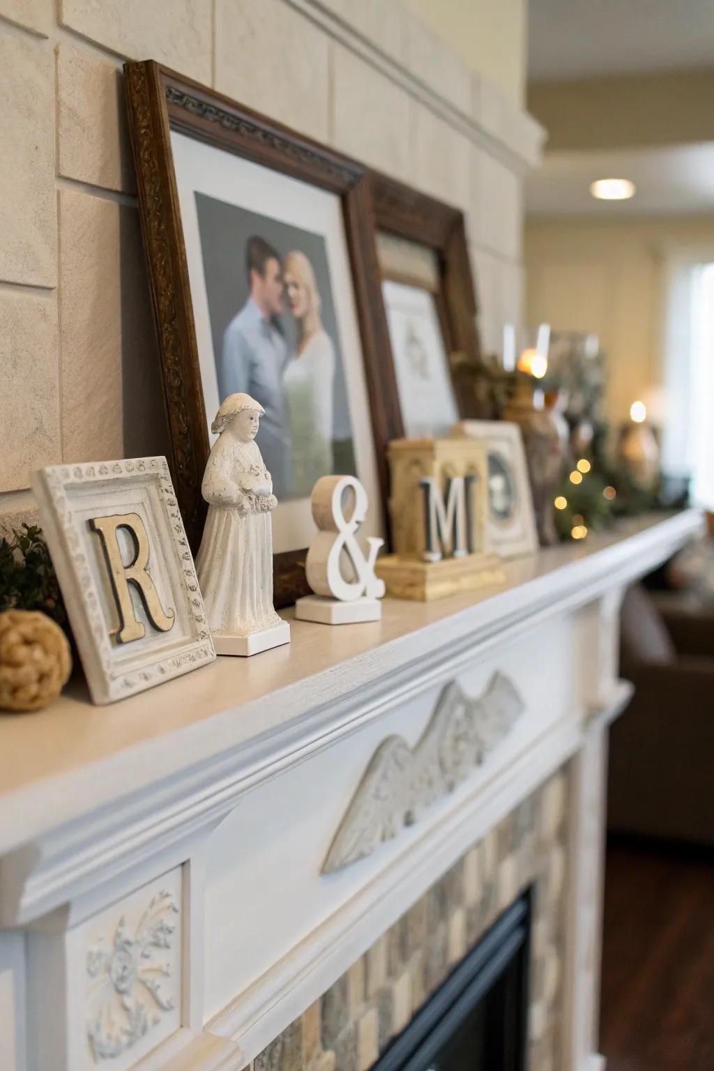 Personal touches contribute unique allure to this standard mantel.
