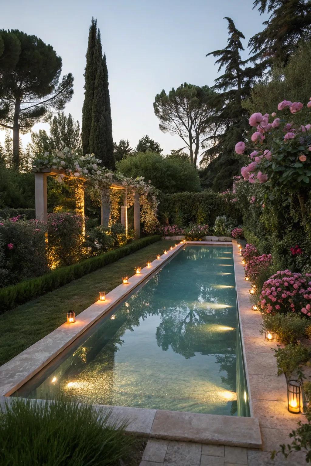 Gentle lighting turns the poolside into a magical night escape.