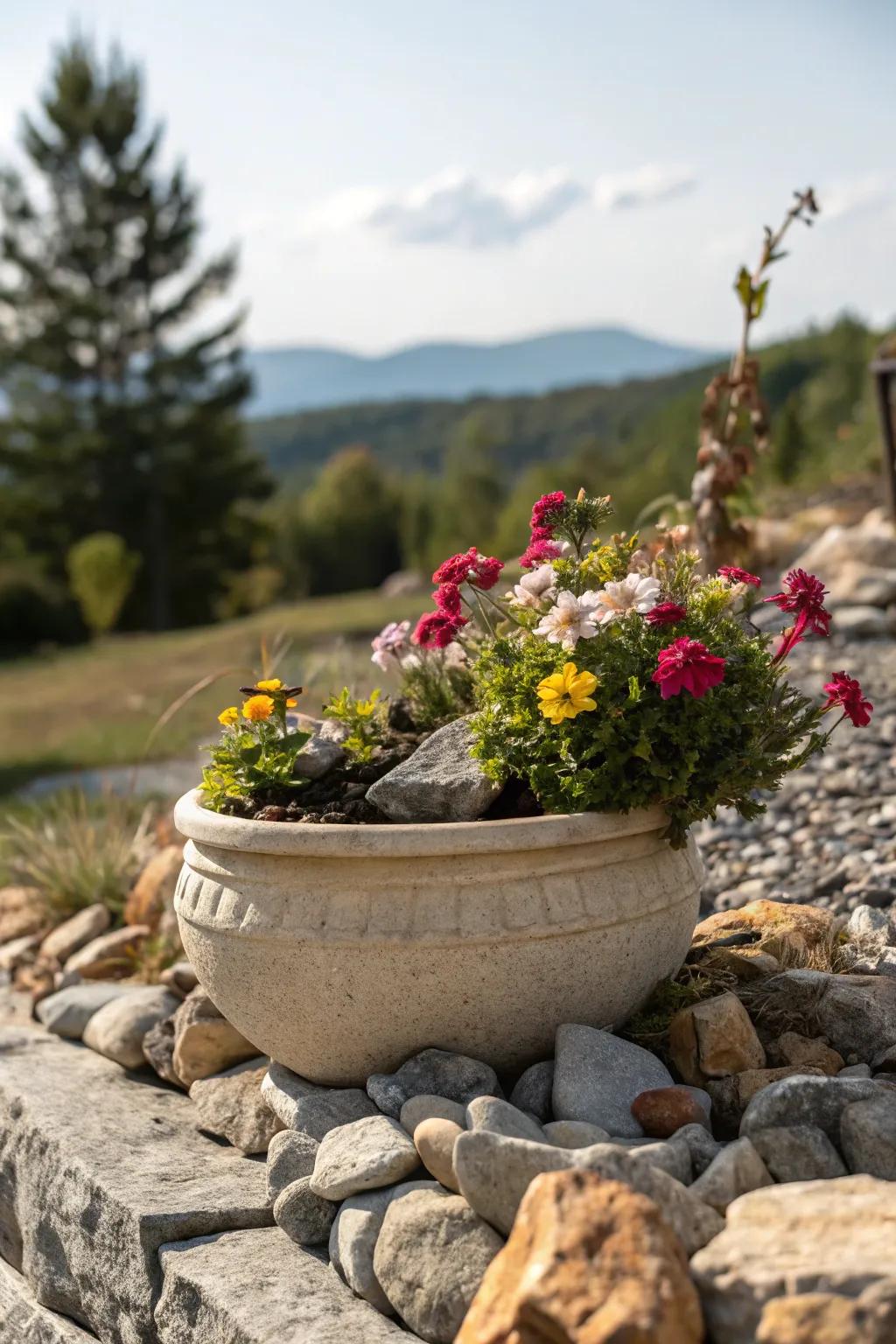 Stone pots inject charm and singularity into garden exhibits.