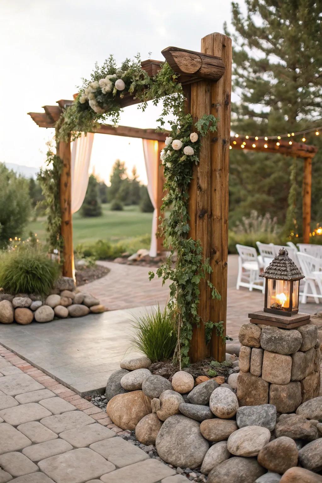Natural materials like stones and wood give wedding d&eacute;cor texture and depth.