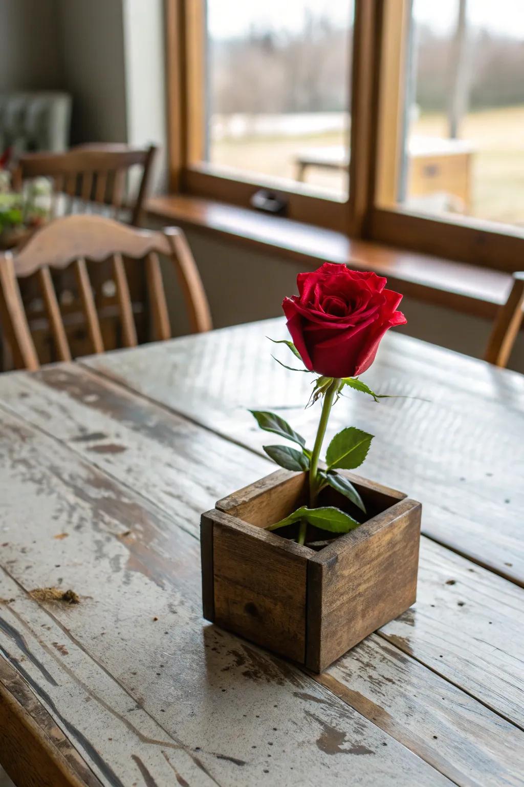 A wooden box introduces rustic elegance to the rose centerpiece.