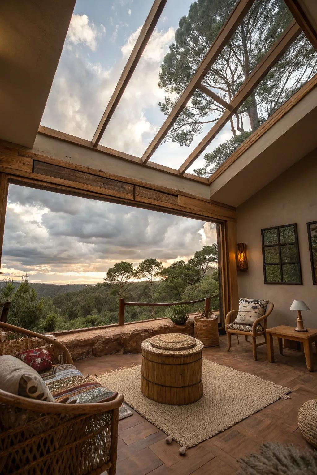 A space featuring a panoramic skylight view connecting to nature.