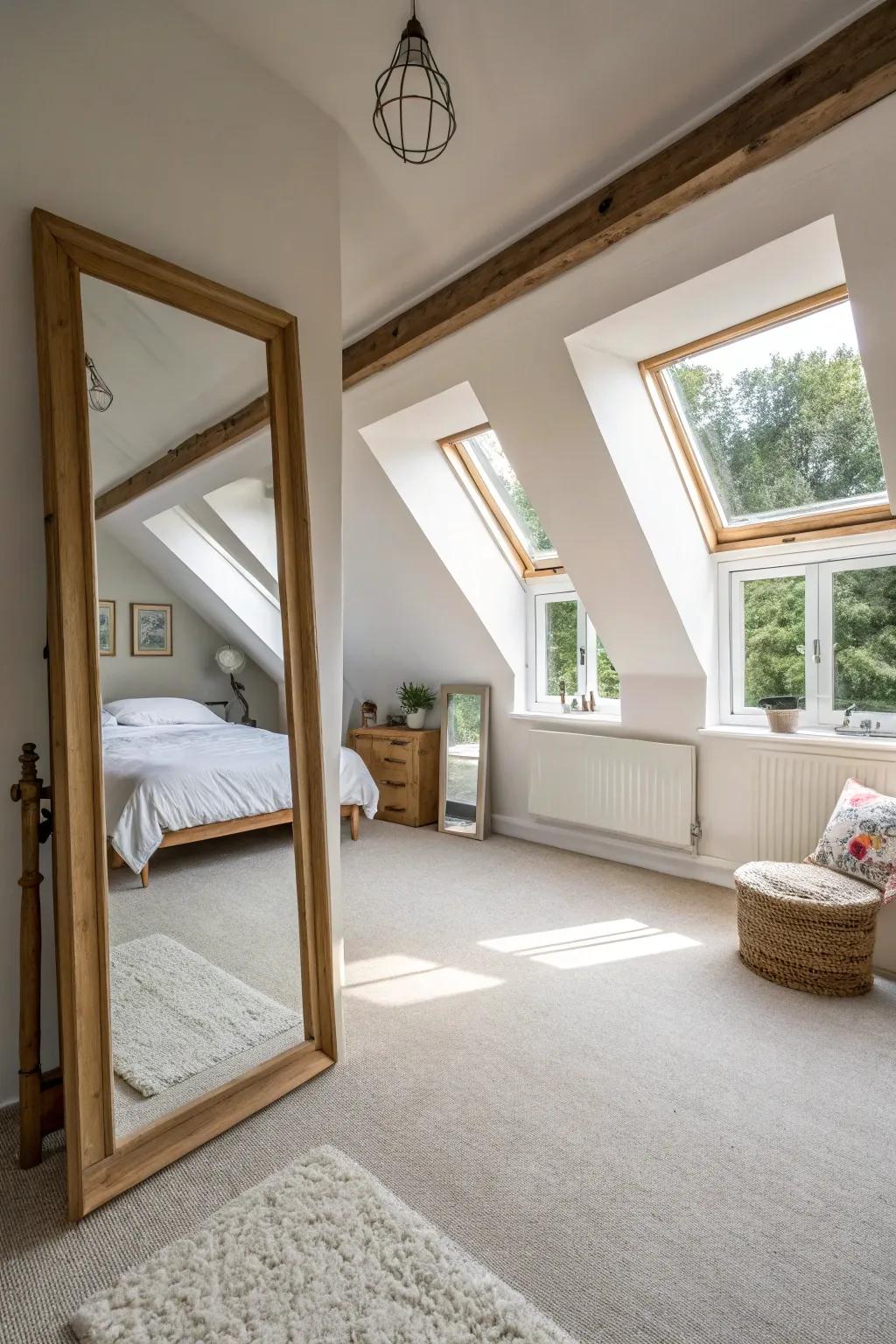 Reflectors in an attic bedroom create a sense of spaciousness.