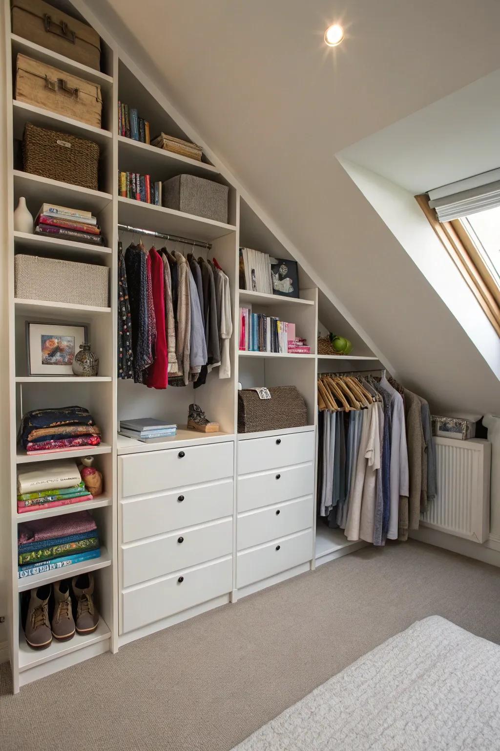 A blend of storage types offers versatile organization under slanted ceilings.