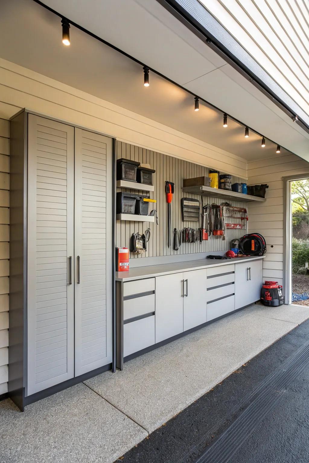Slatwall combined with integrated cabinets creates a seamless storage solution.