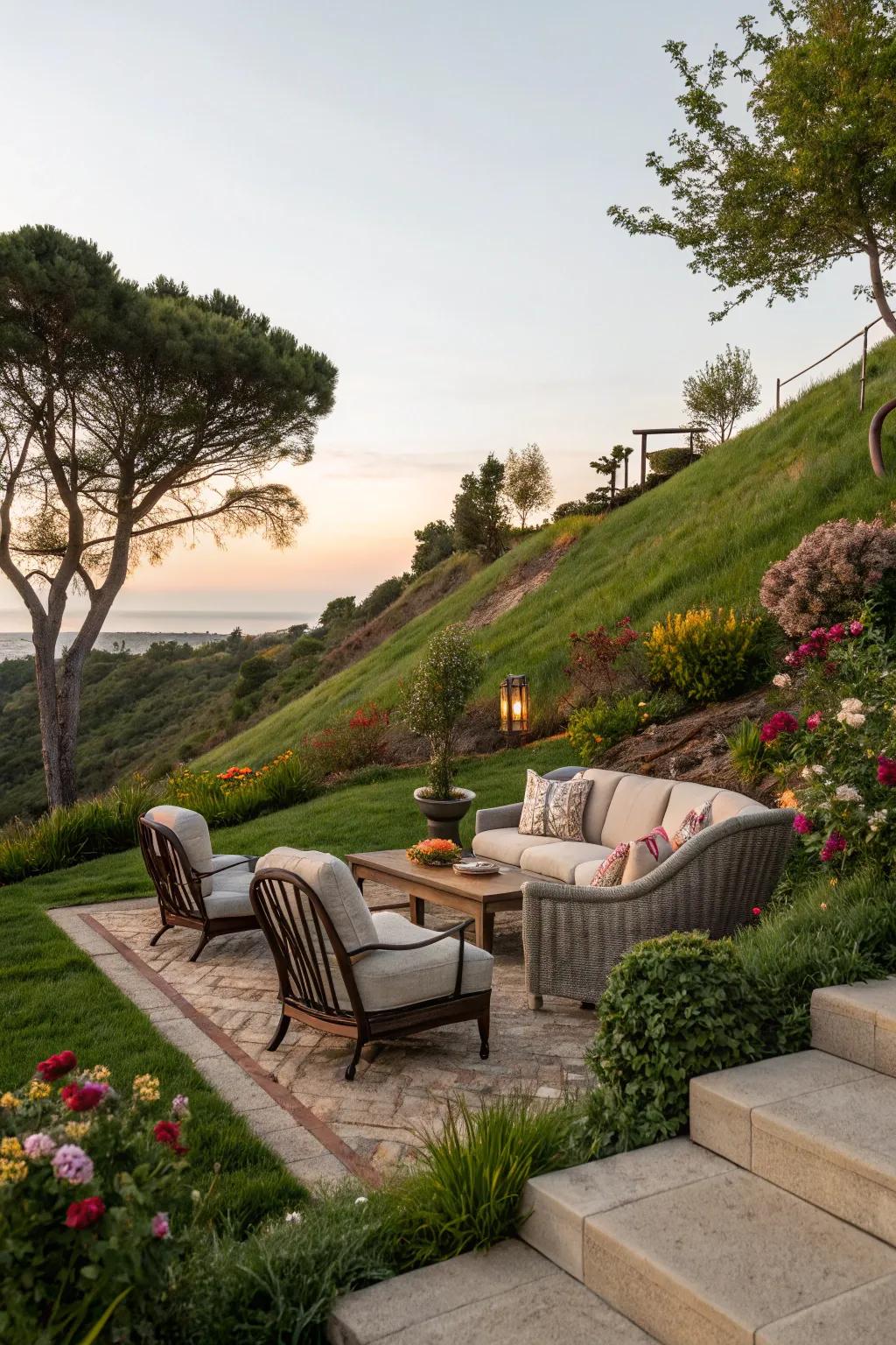 A charming relaxation zone entices unwinding on this sloped landscape.