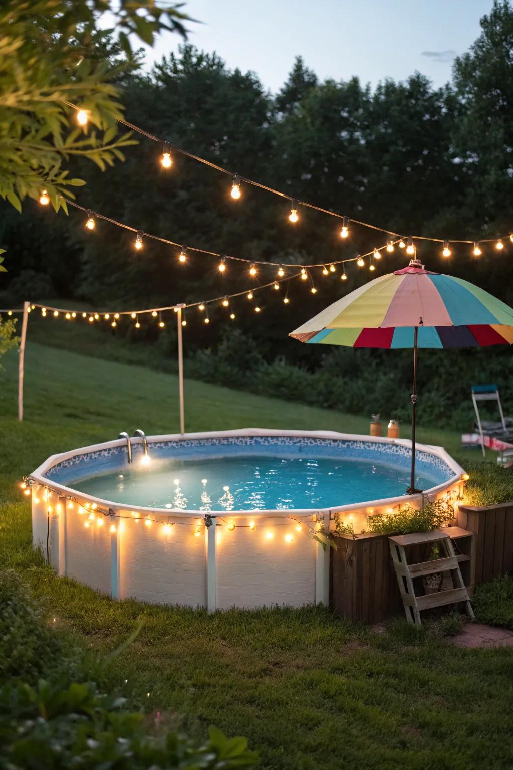 A lively above-ground pool space enhanced with decorative features.
