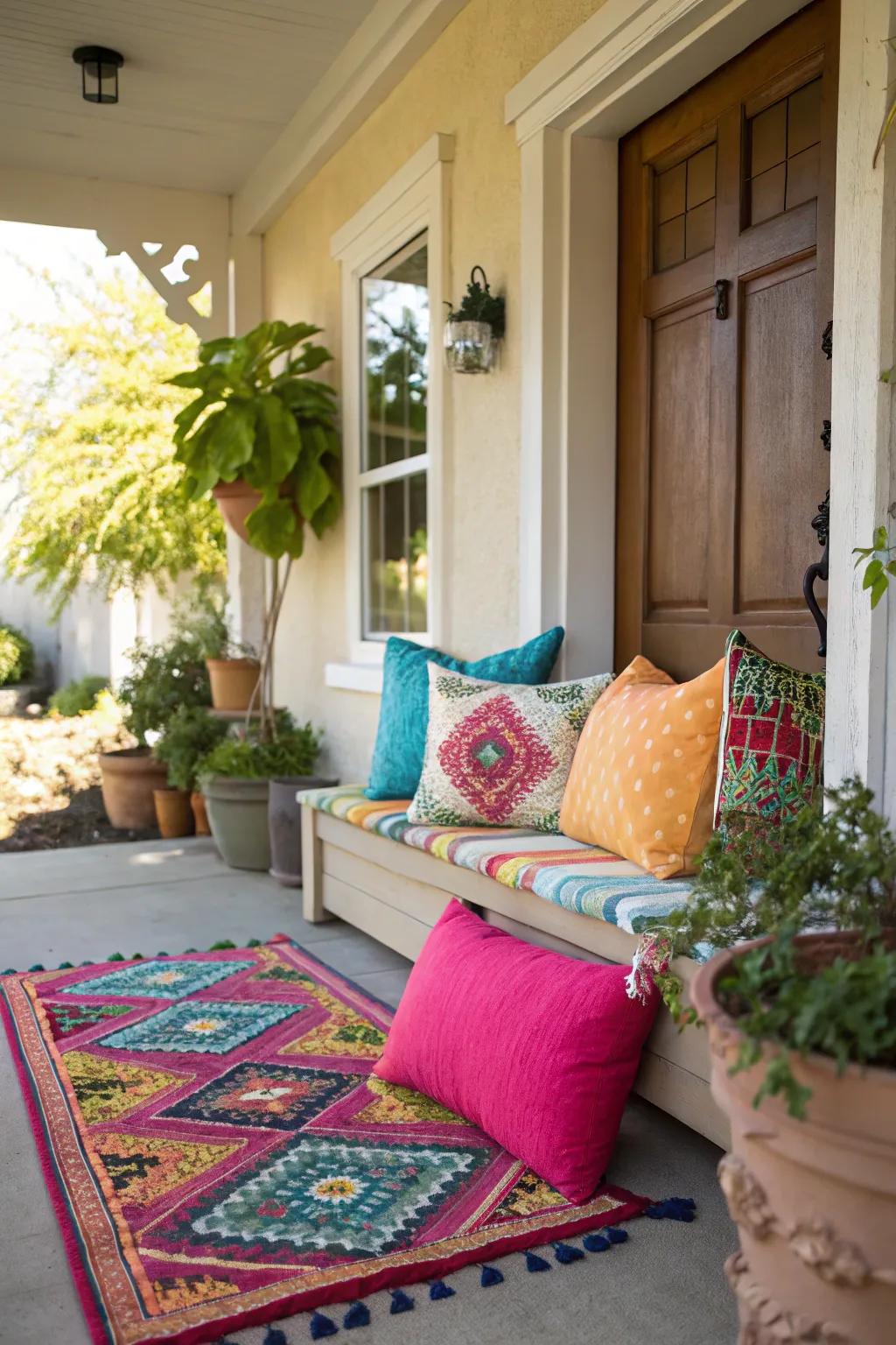 Bright accents like pillows and rugs add vibrancy to a small porch.