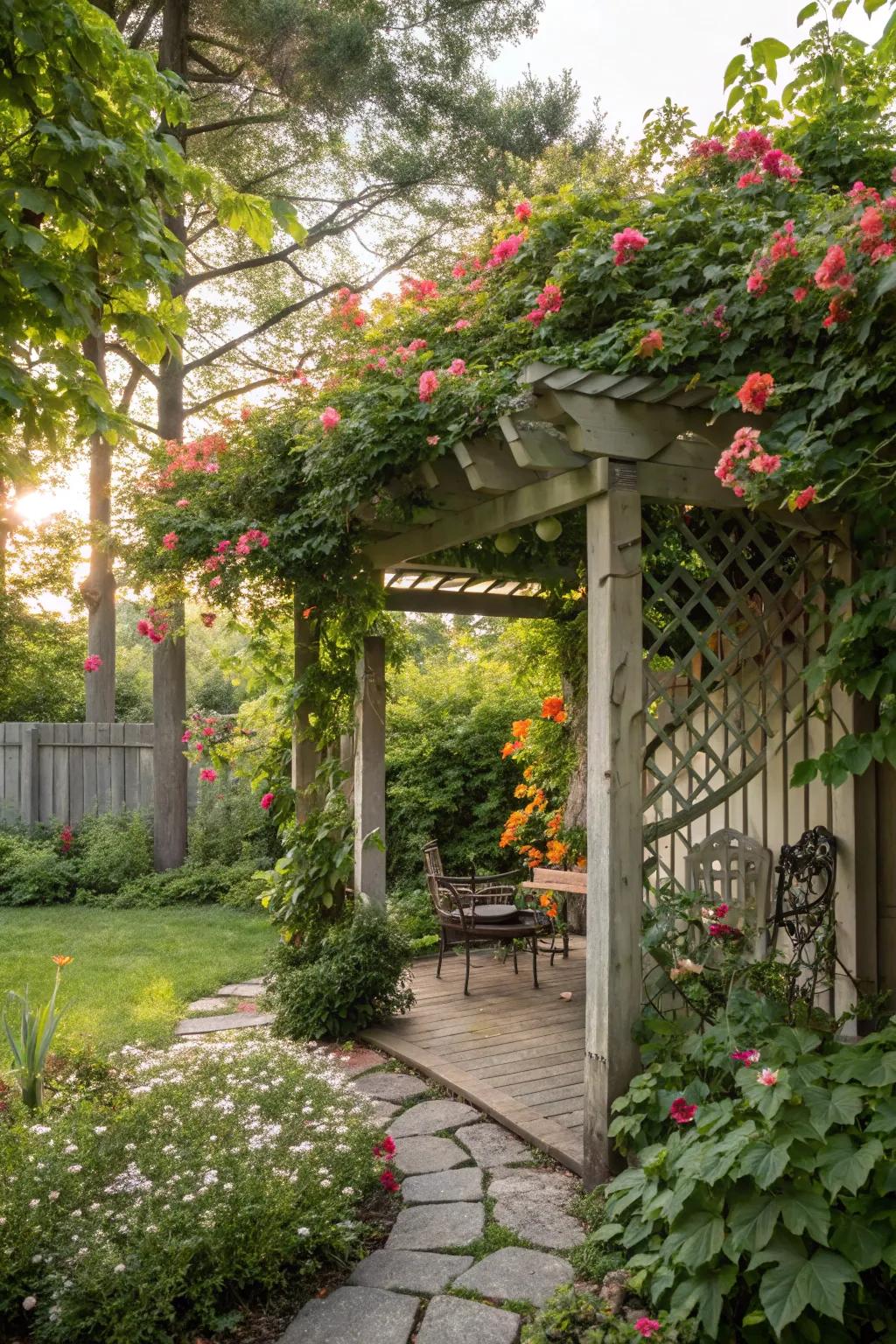 An arbor gives shade and gives support to gorgeous climbing foliage.